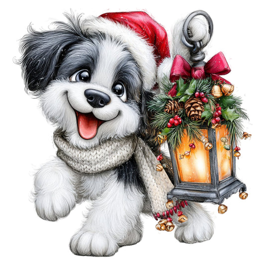 christmas dog, holiday puppy, shih tzu, white and black dog, santa hat, festive canine, lantern, holiday lantern, christmas lantern, gold lantern, holly wreath, red bow, jingle bells, bronze bells, holiday decorative, winter dog, cheerful dog, smiling puppy, christmas wreath, evergreen, red berries, red and gold, cream white, charcoal gray, holiday theme, christmas theme, whimsical style, festive decoration, seasonal holiday, pet lover