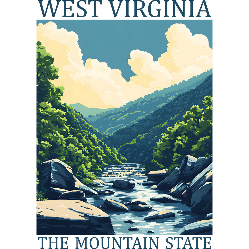 west virginia, mountain landscape, river scene, forest green, sky blue, cream clouds, rocky stream, lush foliage, vintage poster style, fabric panel, quilting cotton, appalachian mountains, nature scene, outdoor adventure, scenic vista, travel poster, state pride, mountain stream, rolling hills, peaceful atmosphere