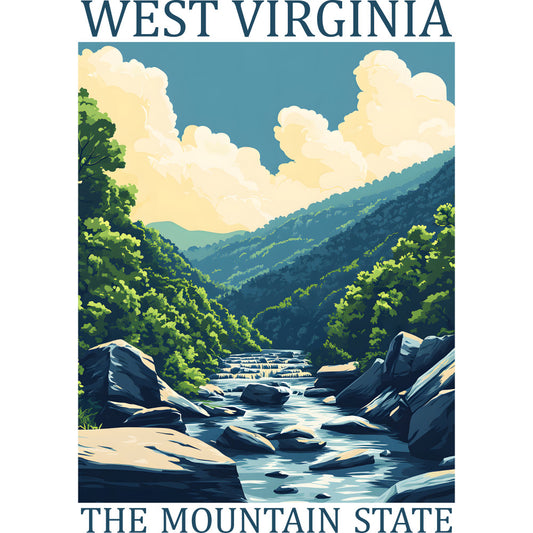 west virginia, mountain landscape, river scene, forest green, sky blue, cream clouds, rocky stream, lush foliage, vintage poster style, fabric panel, quilting cotton, appalachian mountains, nature scene, outdoor adventure, scenic vista, travel poster, state pride, mountain stream, rolling hills, peaceful atmosphere