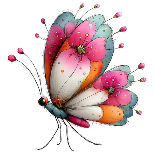 butterfly, pink, coral pink, dusty rose, magenta, teal blue, sage green, orange, cream white, whimsical, nature, insects, floral wings, fantasy, spring, summer, garden, colorful, artistic, illustration, decorative, children's, playful, enchanted, magical, animal motif, detailed wings, watercolor style, bohemian, wall hanging