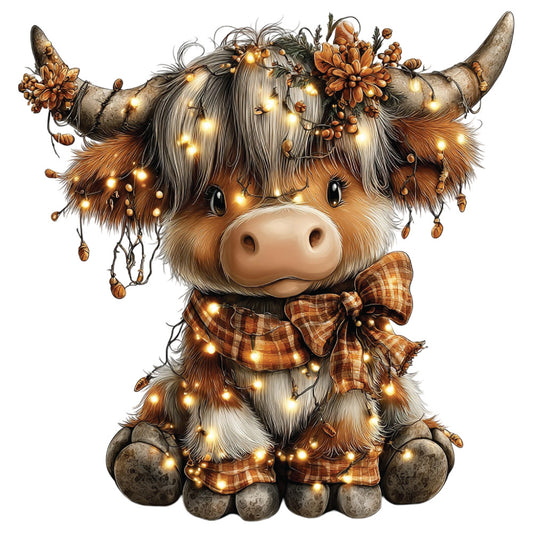 highland cow, christmas lights, brown plaid scarf, orange flowers, autumn colors, russet brown, cream white, golden lights, shaggy fur, horns, festive decorations, fabric panel, quilting cotton, whimsical art, cute animal, sitting pose, floral crown, warm tones, holiday theme, cozy winter