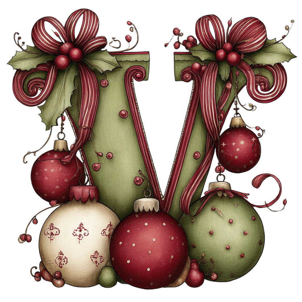 burgundy, wine red, forest green, sage green, cream, ornaments, ribbons, bows, holly leaves, berries, christmas, holiday, festive, whimsical, elegant, vintage, decorative, dimensional, ornate, curled ribbons, striped details, baubles, seasonal, winter, traditional, festive decor, wall hanging, table runner, home decor