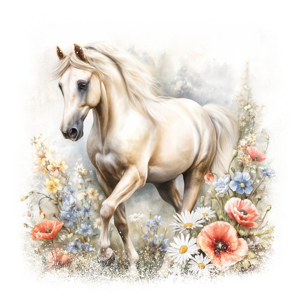 white horse, cream colored, blonde mane, flowing mane, wildflowers, poppies, daisies, forget-me-nots, coral flowers, blue flowers, watercolor style, soft pastels, dreamy artwork, floral meadow, galloping horse, fabric panel, quilting cotton, equestrian theme, nature scene, botanical design