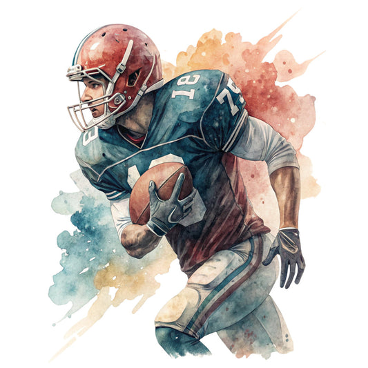 football, sports, watercolor, abstract, rust red, navy blue, teal, dusty rose, coral, cream, masculine, vintage, athletic, american football, player, action pose, watercolor art, splatter, ink wash, contemporary, modern, sports theme, team colors, hobby interest, varsity, heritage, nostalgic, dynamic movement