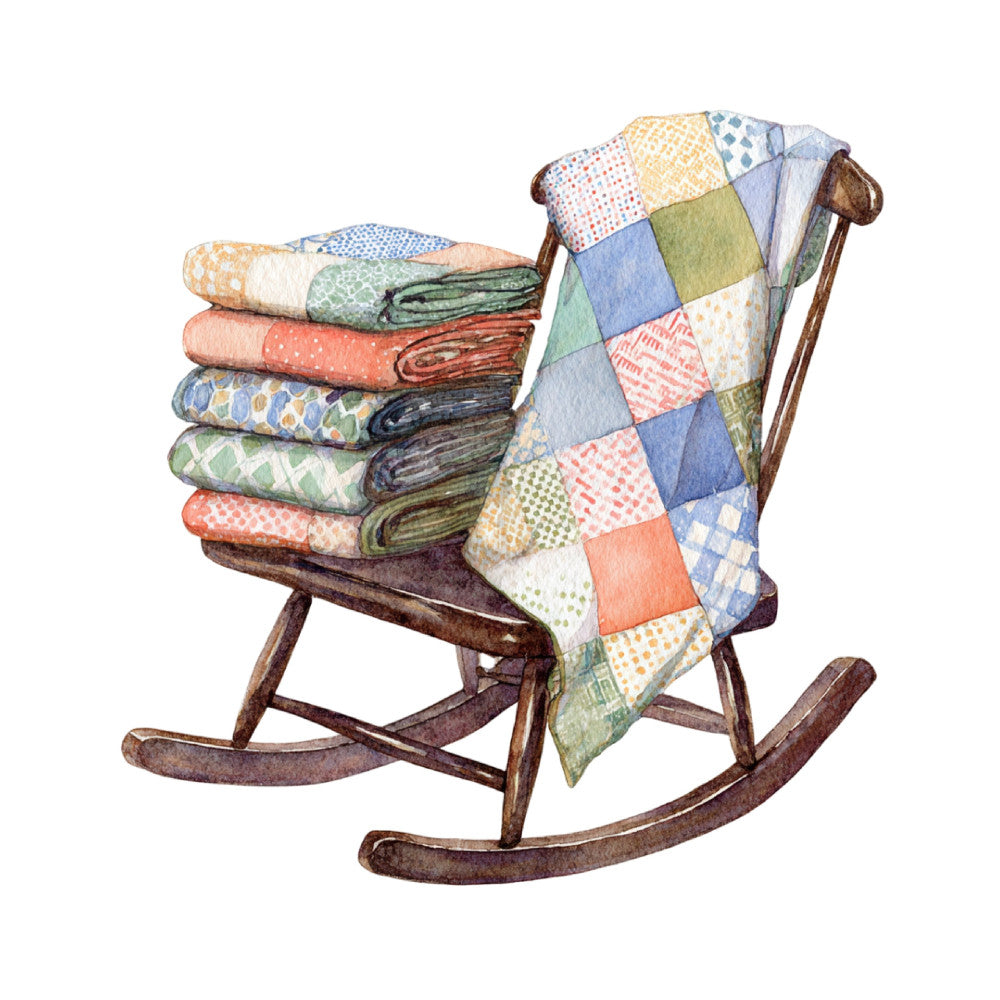rocking chair, patchwork quilt, vintage, farmhouse, rustic, cozy, cottage core, americana, traditional, quilt squares, geometric, checkered, diamond pattern, cream, cornflower blue, sage green, coral pink, peach, golden yellow, multi-color, blanket, throw, home decor, nostalgic, country, calming, warm tones, folk art inspired, bed quilt, heirloom