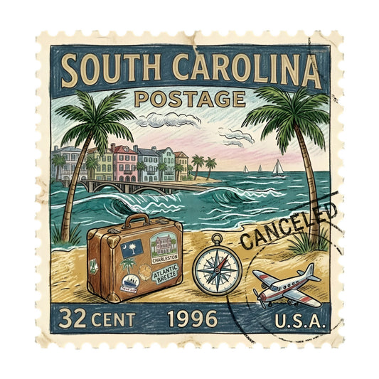 vintage postage stamp, south carolina, nautical, beach scene, palm trees, coastal, travel theme, suitcase, compass, airplane, sailboats, ocean, sandy beach, colonial architecture, charleston, stamp cancelled, cream, navy blue, teal, coral pink, tan, postcard, retro, 1990s, adventure, wanderlust, travel inspired, whimsical, americana, coastal living