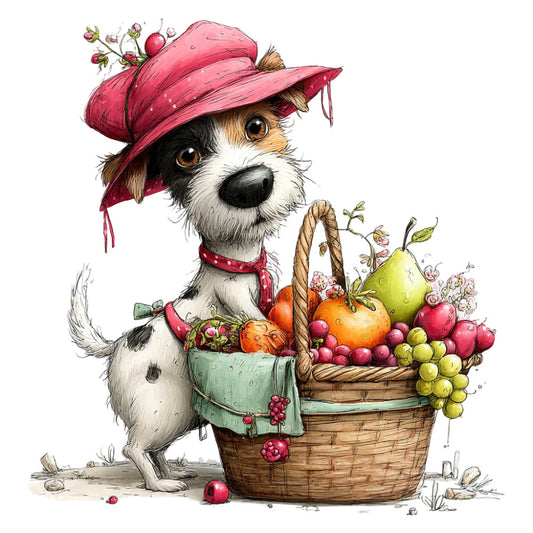 whimsical dog, adorable puppy, vintage style, rustic charm, spring theme, summer garden, floral basket, fruits, berries, pears, apples, grapes, strawberries, cute animals, illustrated dog, storybook illustration, pastoral scene, farmhouse style, country charm, coral pink, dusty rose, cream white, sage green, warm brown tones, nature inspired, garden theme, decorative hat, ribbon details, folk art style, charming illustration