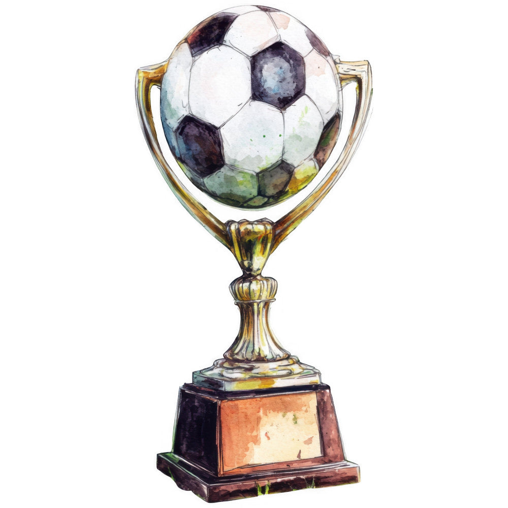 soccer trophy, sports themed, gold cup, white and black, brass gold, wooden base, athletic awards, trophy design, competition, victory, winning, sports decor, boys room, man cave, elegant, traditional, dimensional, 3d effect, watercolor style, realistic, detailed illustration, sports fan gift, championship, medal worthy, achievement themed, motivational, bronze tones, tan beige, dark navy, classic style