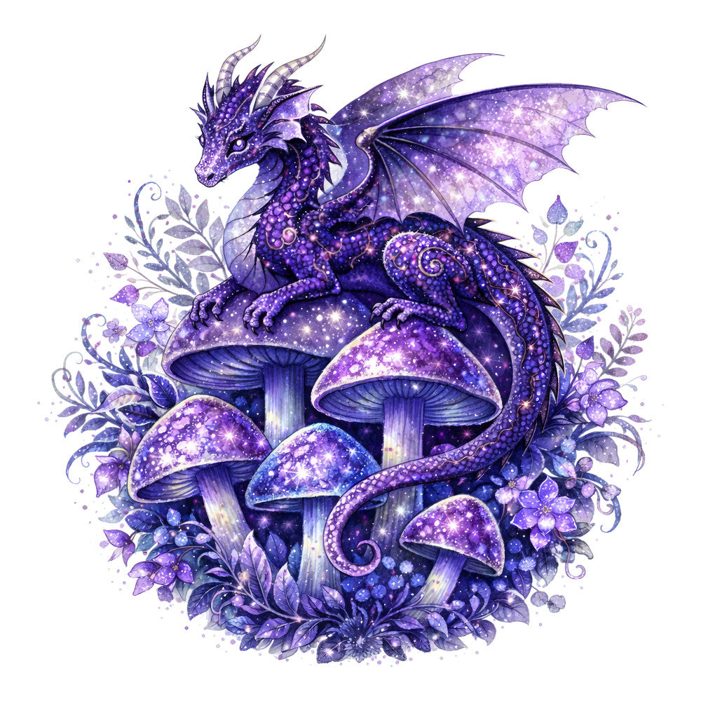 purple dragon, deep purple, lavender, violet, cosmic, galaxy, mystical, fantasy, whimsical, magical, enchanted, dragon, mushrooms, toadstools, glowing stars, celestial, nature, botanical, ornamental, elegant, dark fantasy, moonlight, sparkle, magical creatures, woodland, mystical forest, wall hanging, art panel, decorative