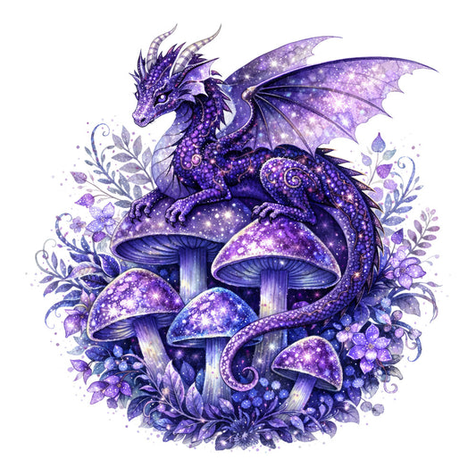 purple dragon, deep purple, lavender, violet, cosmic, galaxy, mystical, fantasy, whimsical, magical, enchanted, dragon, mushrooms, toadstools, glowing stars, celestial, nature, botanical, ornamental, elegant, dark fantasy, moonlight, sparkle, magical creatures, woodland, mystical forest, wall hanging, art panel, decorative