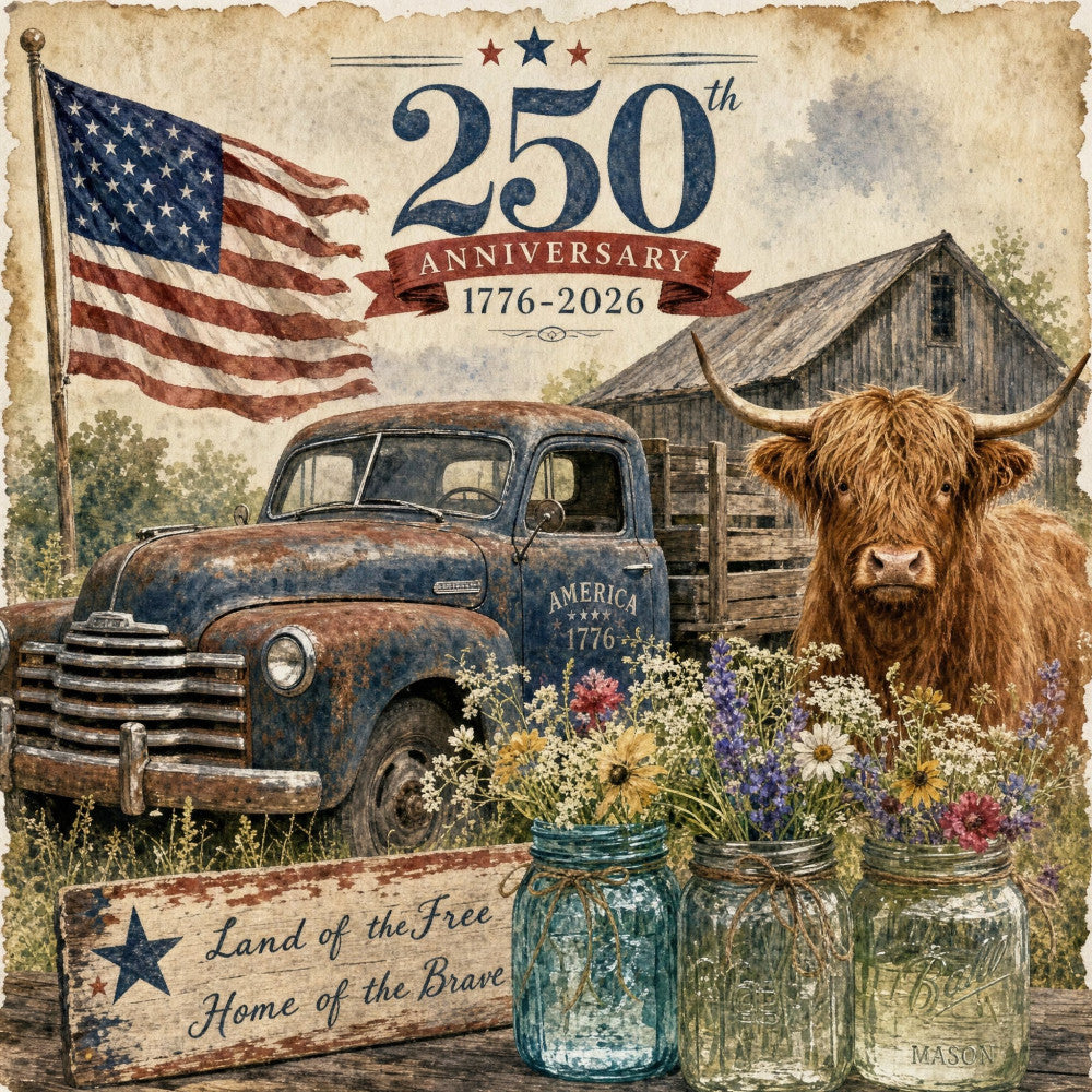 vintage americana, patriotic, 250th anniversary, navy blue, rust red, cream, wildflowers, mason jars, americana truck, highland cattle, rustic farmhouse, barn, american flag, stars, distressed, folk art, country, heritage, floral, botanical, nostalgic, retro, americana home décor, wall hanging, throw pillow, teal blue, cream flowers, wildflower bouquet, land of the free, home of the brave