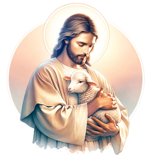 watercolor, christian, easter, jesus christ, lamb, sheep, halo, beige, cream, soft pastels, religious imagery, spiritual scene, gentle expression, flowing robes, sacred art, fabric panel, quilting cotton, devotional theme, peaceful mood, biblical character
