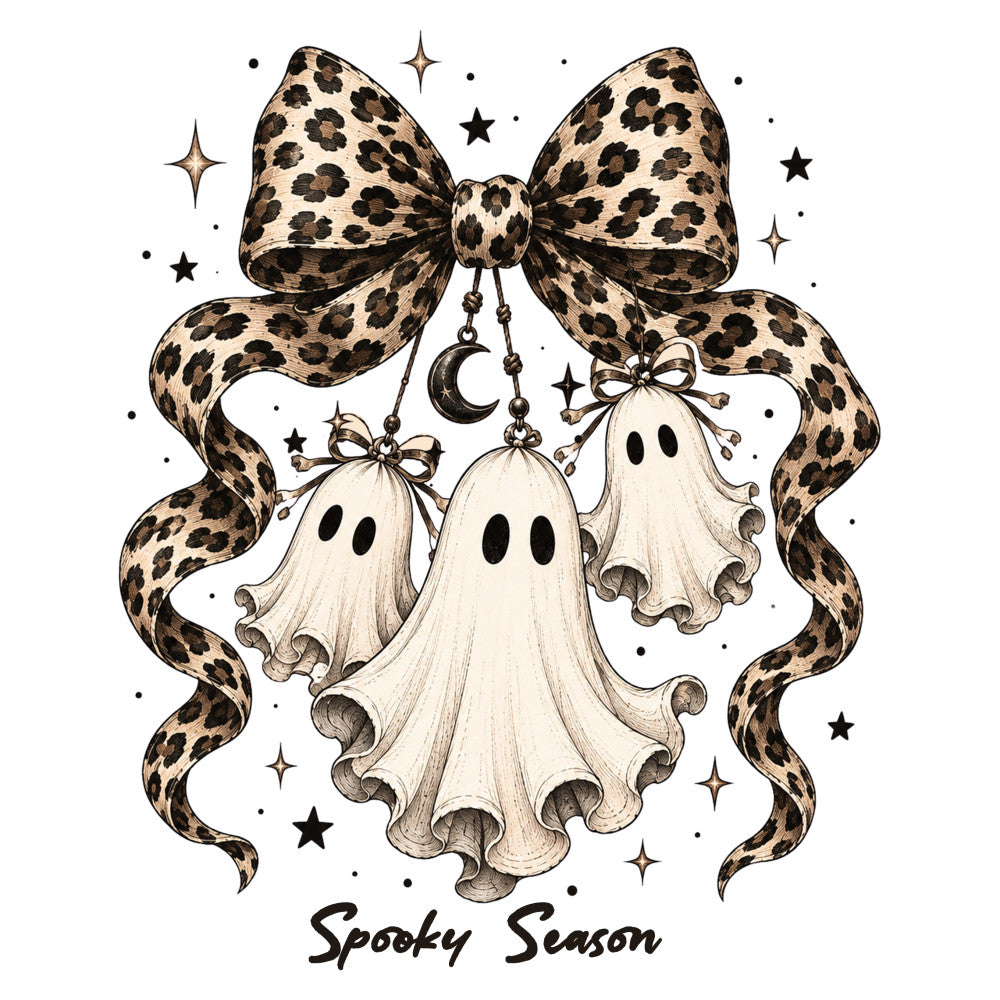 spooky season, halloween, leopard print, ghost, cream, beige, tan, black, leopard spots, bow, crescent moon, stars, celestial, whimsical, vintage, elegant, spooky, autumn, fall, holiday, ghost decoration, animal print, sophisticated halloween, october, trick or treat, creepy cute, seasonal, decorative bow