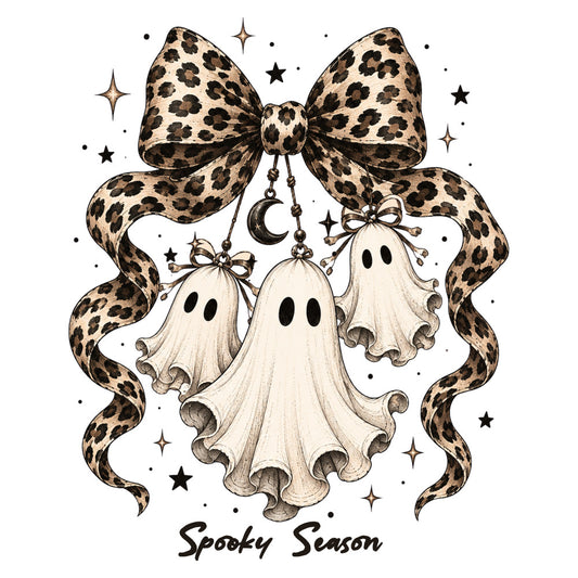 spooky season, halloween, leopard print, ghost, cream, beige, tan, black, leopard spots, bow, crescent moon, stars, celestial, whimsical, vintage, elegant, spooky, autumn, fall, holiday, ghost decoration, animal print, sophisticated halloween, october, trick or treat, creepy cute, seasonal, decorative bow