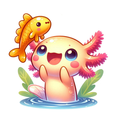 cute axolotl, cartoon animal, kawaii style, pink gills, orange fish, yellow goldfish, blue eyes, aquatic theme, water ripples, green plants, cheerful expression, pastel colors, adorable character, fabric panel, quilting cotton, children's design, whimsical illustration, soft colors, underwater scene, happy mood