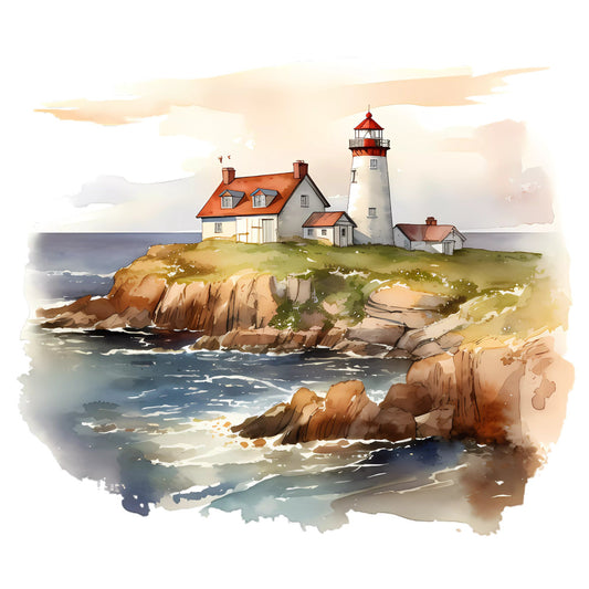 lighthouse, coastal, nautical, ocean, seaside, rocky coast, cottage, farmhouse, scenic, landscape, watercolor, illustration, cream, beige, tan, rust, terracotta, navy blue, sage green, soft yellow, rustic, traditional, scenic landscape, seascape, buildings, architecture, ocean waves, rocky cliffs, coastal living, beach house