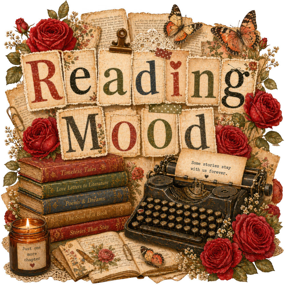 reading mood, vintage literary, cream, burgundy red, forest green, gold accents, floral, roses, butterflies, typewriter, books, antique, romantic, nostalgic, literary theme, steampunk, botanical, lace details, hearts, shabby chic, elegant, whimsical, timeless tales, book lover, classic literature, retro, cottage core, storybook, inspirational quotes, multi-motif