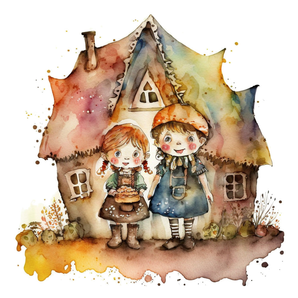 watercolor, whimsical, storybook, children, girls, vintage, fairy tale, cottage, house, autumn, fall, warm tones, rust, golden yellow, sage green, dusty blue, terracotta, cream, nostalgic, illustration, character, cute, playful, rustic, charming, woodland, nature, seasonal, children's literature, gingerbread house