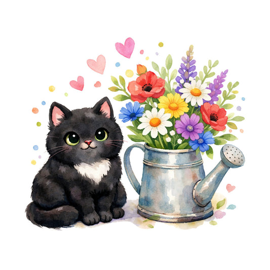 black cat, floral, watering can, colorful flowers, whimsical, nature, animals, hearts, poppies, daisies, lupines, garden, spring, summer, pink hearts, yellow flowers, blue flowers, purple flowers, red flowers, white daisies, green leaves, cute cat, kitten, botanical, cottage core, cheerful, playful, mixed bouquet, flower arrangement, romantic
