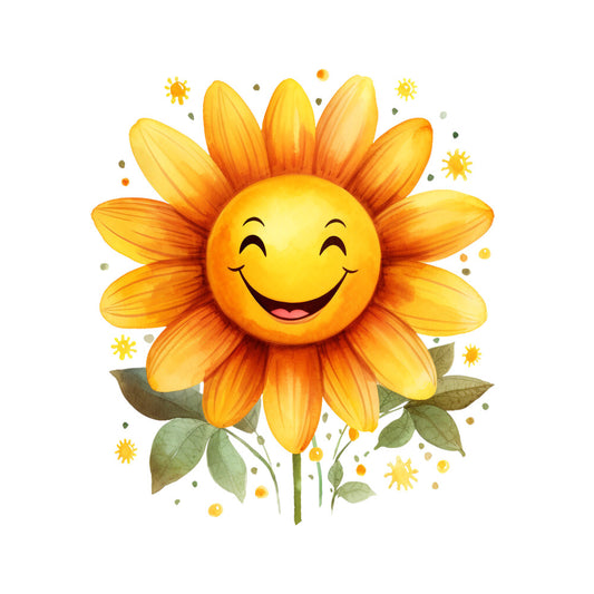 bright yellow, golden orange, cheerful sunflower, smiling face, happy expression, watercolor style, fabric panel, quilting cotton, green leaves, decorative dots, whimsical design, children's fabric, sunny motif, floral pattern, craft material, uplifting mood, nature themed, cartoon flower, textile art, vibrant colors