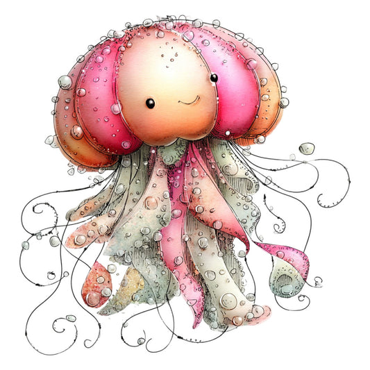coral pink, rose pink, blush, cream, sage green, watercolor, whimsical, cute, jellyfish, ocean, sea creature, marine life, nautical, children's, baby, playful, sweet, illustration, ink drawing, bubbles, soft colors, pastel, magical, underwater, dreamy, nursery, wall hanging, baby quilt