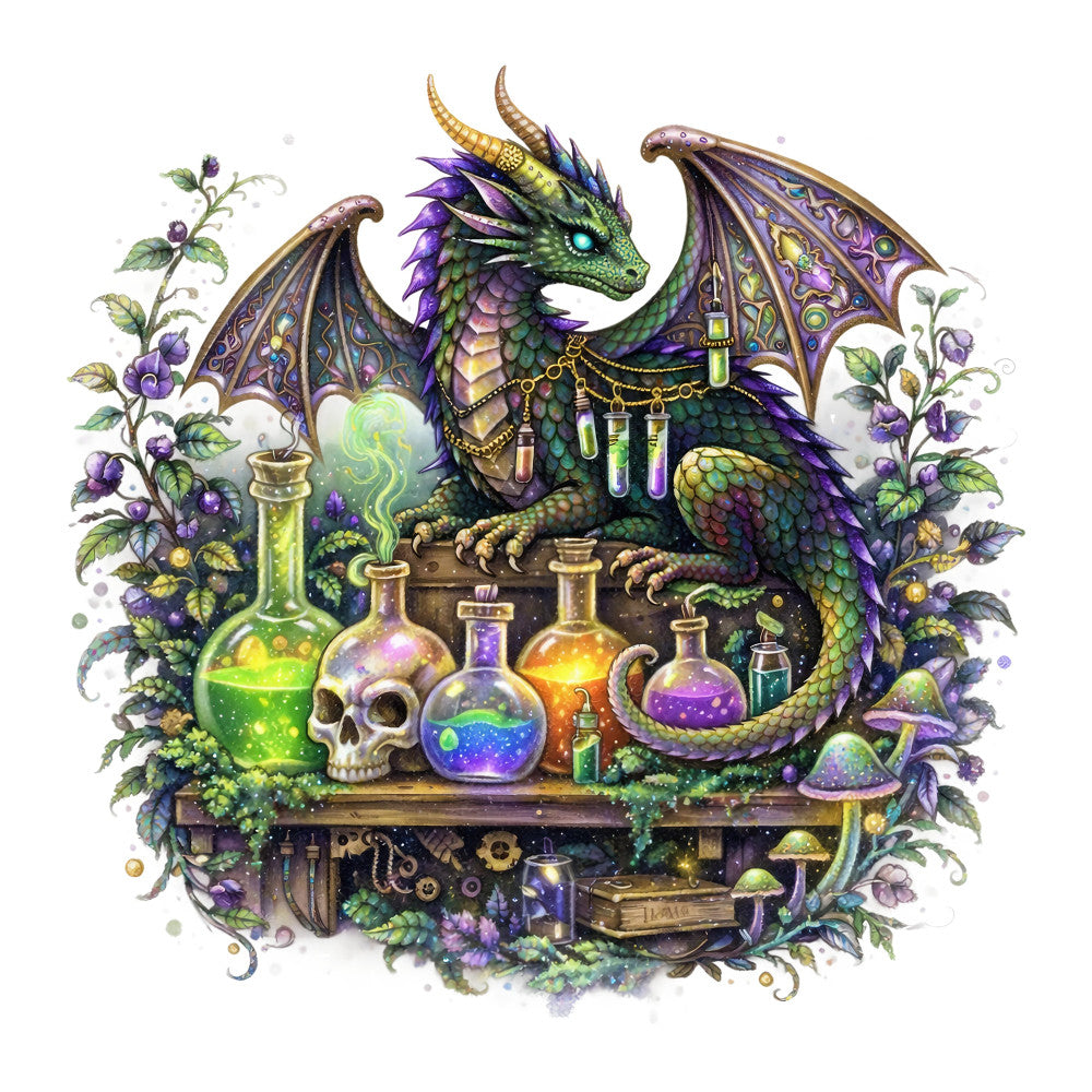 dragon, fantasy, mystical, purple, green, gold, emerald green, deep purple, moss green, magical potion bottles, alchemy, witchy, gothic, celestial, stars, skull, ornate, decorative, whimsical, vintage, botanical, floral, purple flowers, nature, enchanted, mystical creatures, steampunk, apothecary, dark academia, elegant