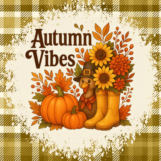 autumn vibes, fall harvest, sunflowers, pumpkins, turkey, thanksgiving, plaid border, orange, golden yellow, brown, rust, cream, olive green, floral, nature, farmhouse, rustic, whimsical, seasonal, autumn leaves, rain boots, folk art, cozy, harvest theme, fall decorations, warm tones, traditional, country style, autumn botanical
