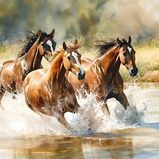 horses, running horses, water, splashing, brown horses, bay horses, chestnut, tan, cream, white, earth tones, nature, animal, wildlife, equestrian, western, rustic, elegant, dynamic, motion, action, painting style, watercolor effect, landscape, country, farmhouse, traditional, majestic, scenic