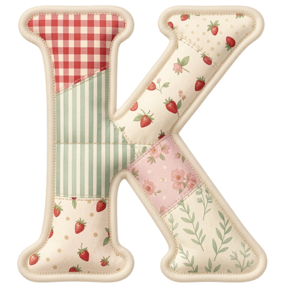 strawberry, red gingham, cream, sage green, blush pink, floral, striped, plaid, checkered, farmhouse, vintage, cottage core, nature, botanical, leaves, roses, spring, summer, whimsical, traditional, rustic, alphabet letter k, patchwork, quilt panel, baby quilt, nursery, country, folk art, petal dots