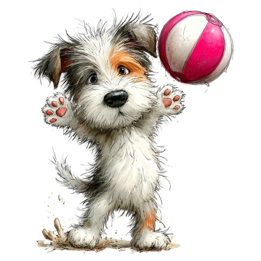 puppy, dog, playful, ball, pink and white, cream, tan, orange, black, watercolor, illustration, children's, whimsical, cute, animal, pet, playful dog, terrier, child-friendly, nursery, baby, kids, modern, artistic, sketch style, fun, joyful, springtime