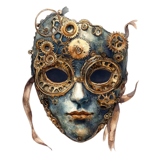 steampunk, gears, brass, bronze, industrial, mechanical, vintage, mask, masquerade, blue-grey, copper, gold, metallic, gears and cogs, clockwork, goggles, airship, retro futuristic, gothic, victorian, elegant, whimsical, fantasy, adventure, mysterious, decorative, wall hanging, art panel, statement fabric, mechanical design