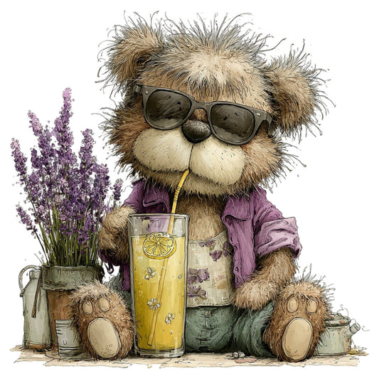lavender, purple, sage green, tan, brown, cream, yellow, whimsical, animal, cat, kitten, cute, humorous, playful, sunglasses, cool cat, lemonade, botanical, floral, lavender flowers, nature, summer, spring, vintage, storybook, illustration, character, quirky, bohemian, relaxed vibe