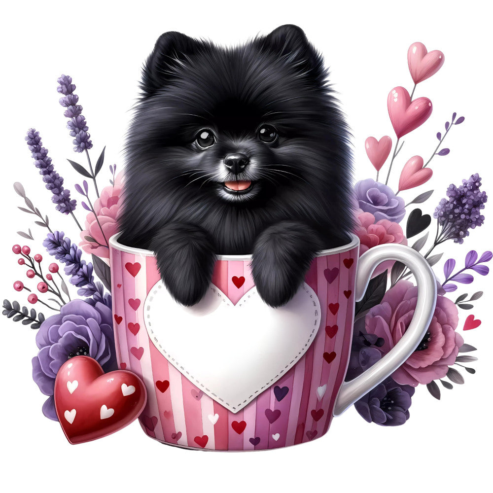 black pomeranian, fluffy dog, purple lavender, dusty rose, coral pink, hearts, love theme, valentine's day, romantic, whimsical, cute animals, pet lovers, floral arrangement, rose flowers, heart shaped mug, sweet design, feminine style, spring colors, decorative panel, dog breed, puppy, nature inspired, botanical elements, love motifs, gift worthy, playful design, charming illustration, coffee mug themed