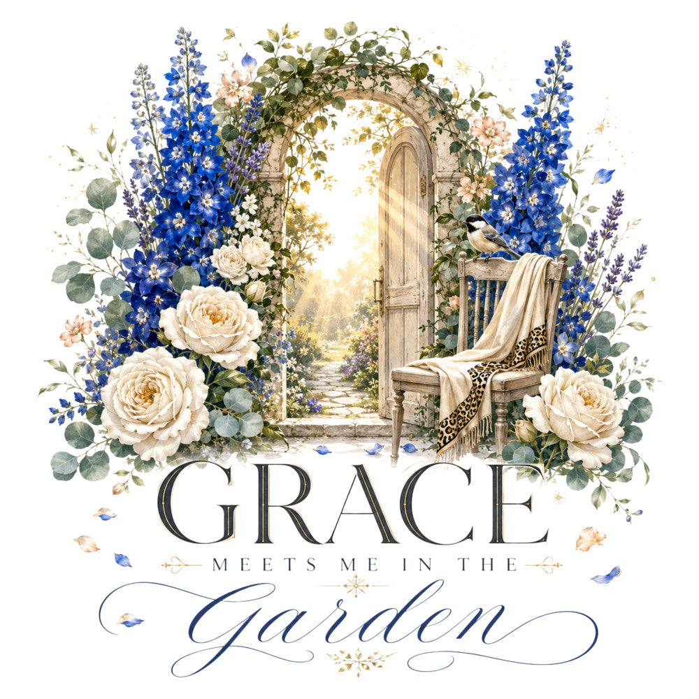 navy blue, cream, ivory, gold, delicate florals, roses, delphiniums, lavender, botanical, garden, nature, vintage, elegant, romantic, whimsical, inspirational, religious, faith-based, birds, peaceful, serene, spring, summer, spiritual, traditional, cottage garden, archway, seated figure, contemplative, wall hanging