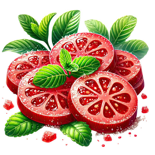 tomato red, bright red, fresh green, leaf green, lime green, cream white, food illustration, botanical, produce, kitchen, fruit, tomato slices, garden fresh, summer, spring, nature, realistic, detailed, whimsical, playful, fresh produce, culinary, farmhouse, cottage style, food art, vegetable garden, organic, natural, home decor, table runner