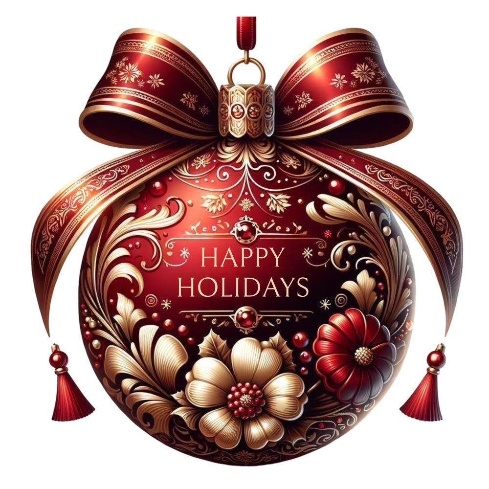 burgundy, gold, crimson, ornate bow, floral motifs, christmas ornament, decorative swirls, fabric panel, holiday themed, red tassels, metallic accents, ornamental design, festive colors, elegant patterns, seasonal decor, quilting cotton, rich textures, winter holidays, luxurious finish, decorative flourishes