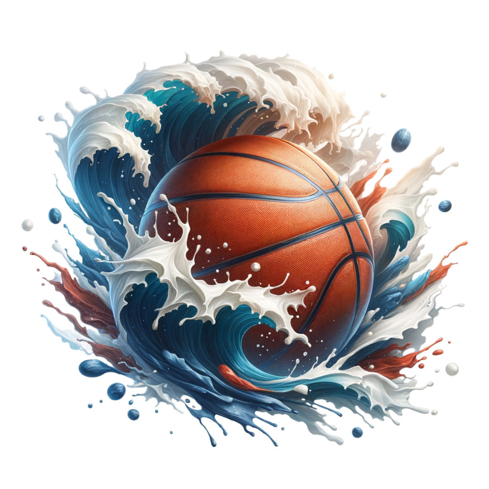 watercolor basketball, splash effect, orange basketball, blue waves, white foam, teal water, dynamic motion, sports theme, fabric panel, quilting cotton, athletic design, water splash, painterly style, energetic mood, liquid motion, basketball lines, flowing water, artistic splash, sports fabric, modern watercolor