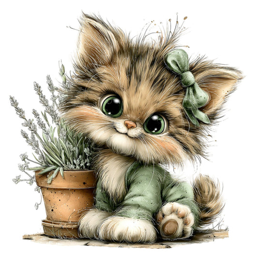 cute cat, fluffy kitten, green bow, sage green, cream white, tan brown, black eyes, botanical, lavender plant, potted plant, whimsical, nursery, animal, cat illustration, adorable pet, children's, baby room, decorative panel, nature themed, springtime, garden theme, playful, sweet, feminine, bow detail, botanical illustration, rustic charm, woodland, cottage core