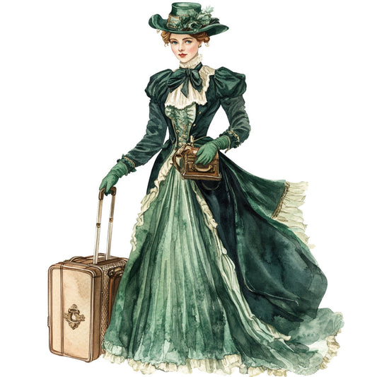 forest green, cream, ivory, vintage, victorian, retro, woman, lady, fashion, travel, suitcase, hat, elegant, nostalgic, early 1900s, edwardian, steampunk, romantic, classic, timeless, portrait, figure, apparel, accessories, journey, wanderlust, antique, traditional, illustration, drawing