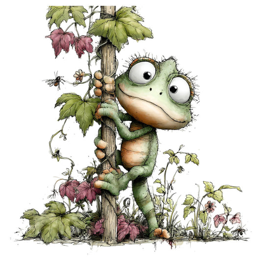 whimsical frog, garden creatures, nature-inspired, sage green, cream, dusty rose, mauve, woodland animals, children's fabric, storybook illustration, insects, bees, flowers, climbing vines, botanical, garden theme, playful characters, soft colors, watercolor style, fantasy woodland, enchanted forest, spring, summer, quirky, charming, decorative panel, wall hanging, kids quilt, nursey decor