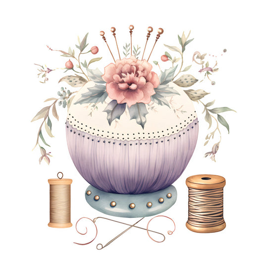 dusty rose, lavender, sage green, cream, mauve, blush pink, taupe, floral, vintage, botanical, needle and thread, sewing, spool, pincushion, whimsical, elegant, garden, spring, romantic, cottagecore, embroidery, craft theme, feminine, delicate, nature-inspired, DIY, handmade, artistic, decorative, wall hanging