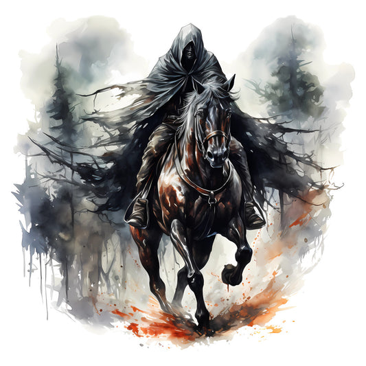 dark fantasy, hooded rider, horse, black horse, moody, watercolor, abstract, dramatic, gothic, mystical, dark academia, supernatural, warrior, shadowy, charcoal gray, deep black, rust orange, burnt sienna, misty, ethereal, fantasy art, adventure, dark theme, atmospheric, brooding, illustration style, steampunk, medieval fantasy