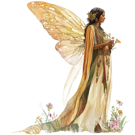 fairy wings, fantasy, magical, ethereal, gold, golden, cream, ivory, sage green, rose pink, warm earth tones, nature, botanical, flowers, floral, whimsical, elegant, mystical, fairy tale, spring, garden, delicate, ornate, decorative dress, illustration art, detailed, romantic, enchanted, celestial magic