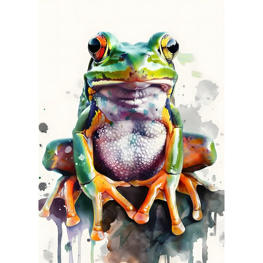 vibrant frog, colorful amphibian, watercolor art, abstract splatter, whimsical animal, lime green, orange, yellow, turquoise, purple, multi-color, modern art, contemporary style, nature theme, wildlife, artistic illustration, ink splatter, paint drip effect, bold and bright, eye-catching design, artistic frog, tropical feel, playful style, statement piece, decorative panel, wall art, animal lovers, nature inspired, rainbow colors