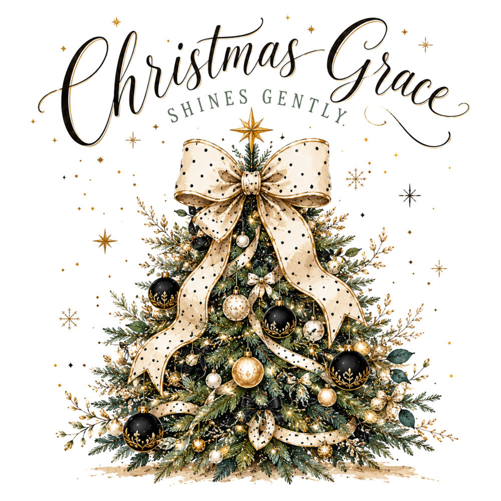 christmas, holiday, elegant, gold, black, cream, ivory, festive, ornaments, bow, star, evergreen, winter, sophisticated, traditional, decorative, celestial, sparkle, tree, baubles, pearls, metallic, polka dot, botanical, graceful, refined, seasonal, formal, beige, dark green