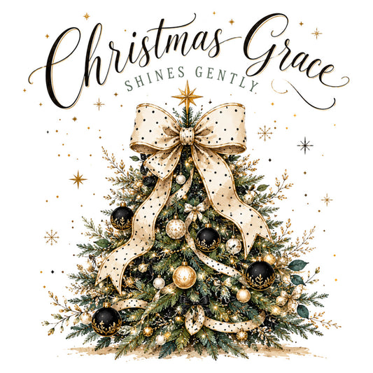christmas, holiday, elegant, gold, black, cream, ivory, festive, ornaments, bow, star, evergreen, winter, sophisticated, traditional, decorative, celestial, sparkle, tree, baubles, pearls, metallic, polka dot, botanical, graceful, refined, seasonal, formal, beige, dark green
