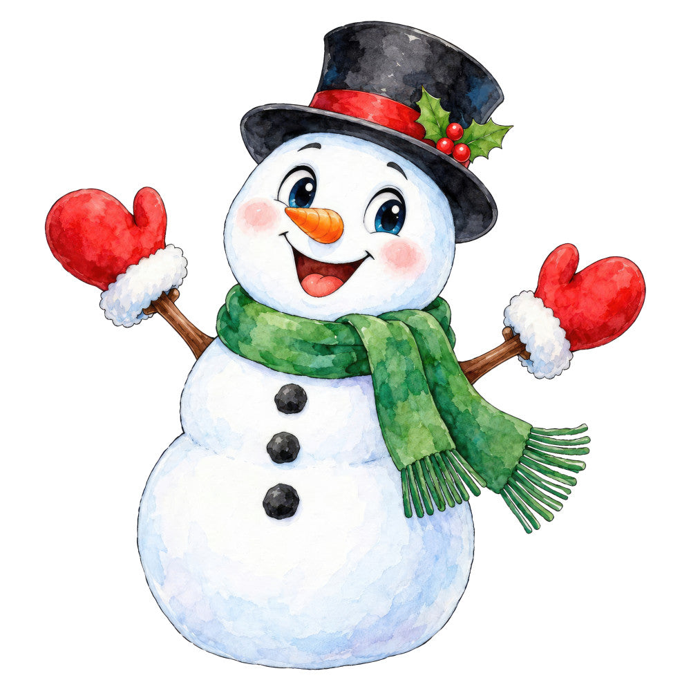 snowman, christmas, holiday, winter, festive, cheerful, whimsical, red mittens, green scarf, black top hat, carrot nose, holly berries, coal buttons, happy face, seasonal, nostalgic, traditional, jolly, snow white, forest green, red, black, orange, blue, children's, family-friendly, decorative, festive design, winter wonderland, classic snowman