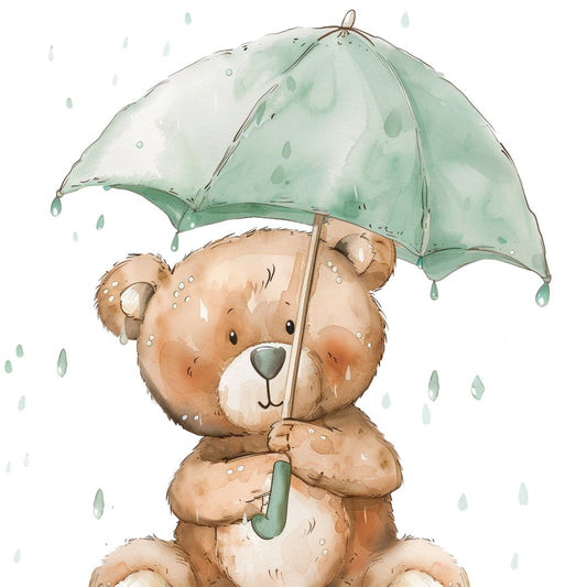 sage green, soft brown, tan, cream white, teddy bear, rainy day, umbrella, rain drops, woodland animals, cute, whimsical, children's, baby, nursery, gentle, soft, watercolor, illustration, nature, sweet, tender, spring, baby shower, nursery decor, kids bedding, cozy, charming, storybook, playful, soft pastels
