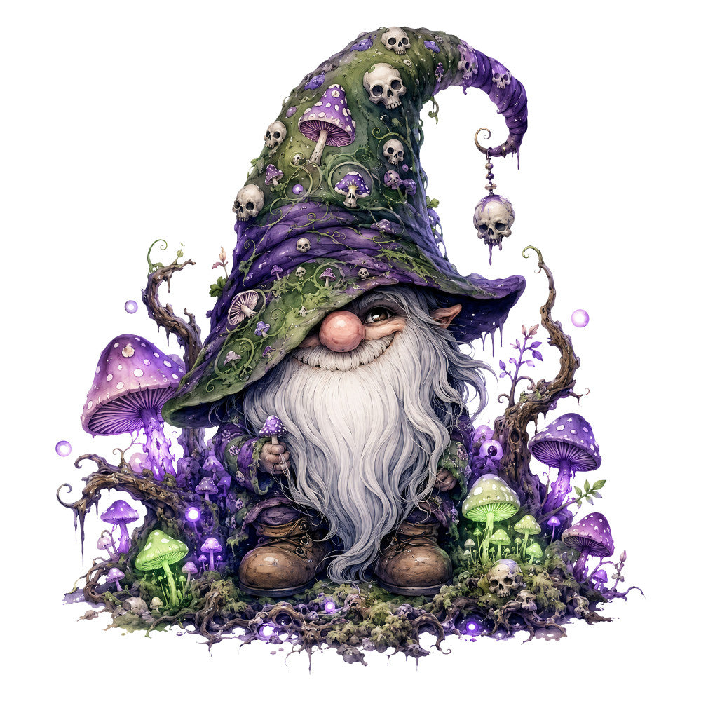 purple, green, gray, white, dark purple, forest green, sage green, gnome, wizard, mushroom, toadstools, skulls, bones, gothic, whimsical, dark fantasy, spooky, Halloween, occult, mystical, magical, enchanted forest, goth aesthetic, witchy, nature, woodland, autumn, dark academia, poison, toxic