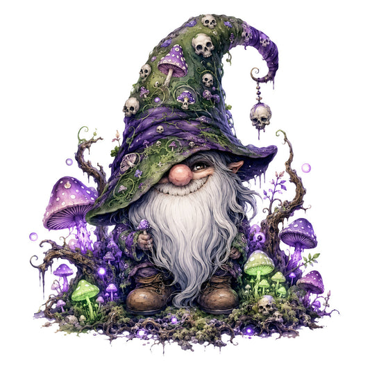 purple, green, gray, white, dark purple, forest green, sage green, gnome, wizard, mushroom, toadstools, skulls, bones, gothic, whimsical, dark fantasy, spooky, Halloween, occult, mystical, magical, enchanted forest, goth aesthetic, witchy, nature, woodland, autumn, dark academia, poison, toxic